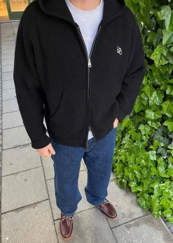 Rib Wool Knit Hoodie><noscript><img width=