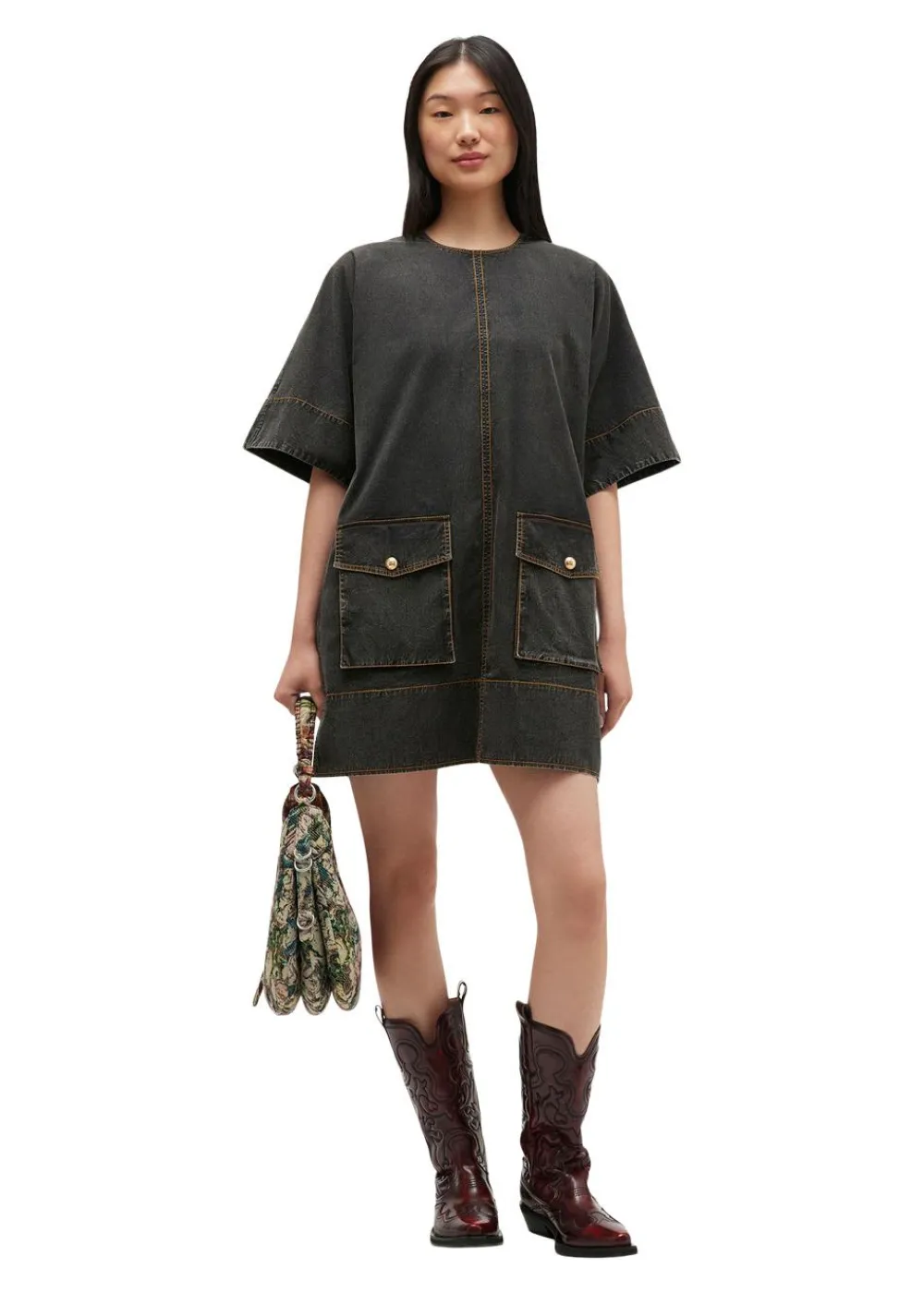 Washed Stretch Cotton Boxy Kimono Mini Dress>Ganni New
